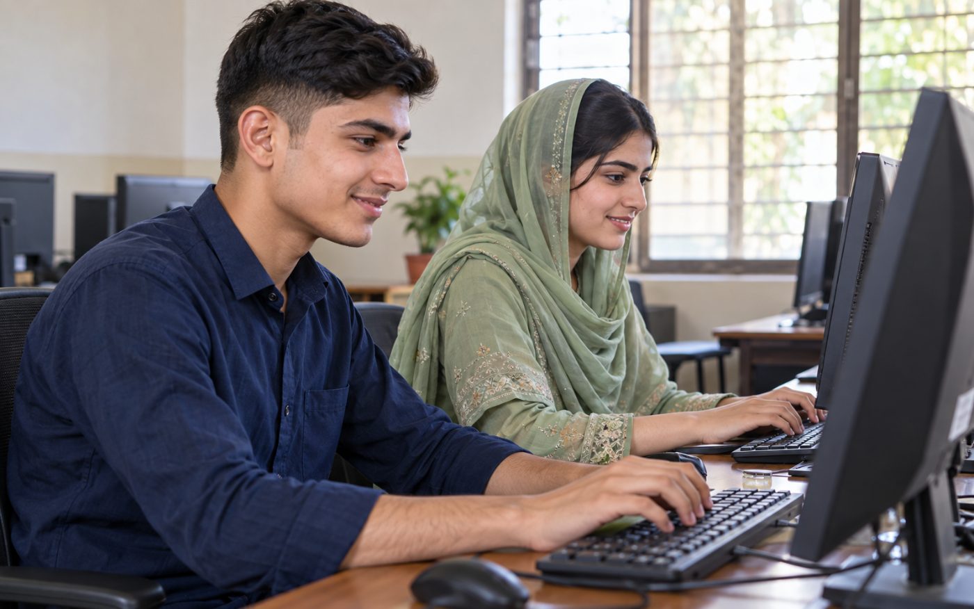 Learners working together on a laptop
