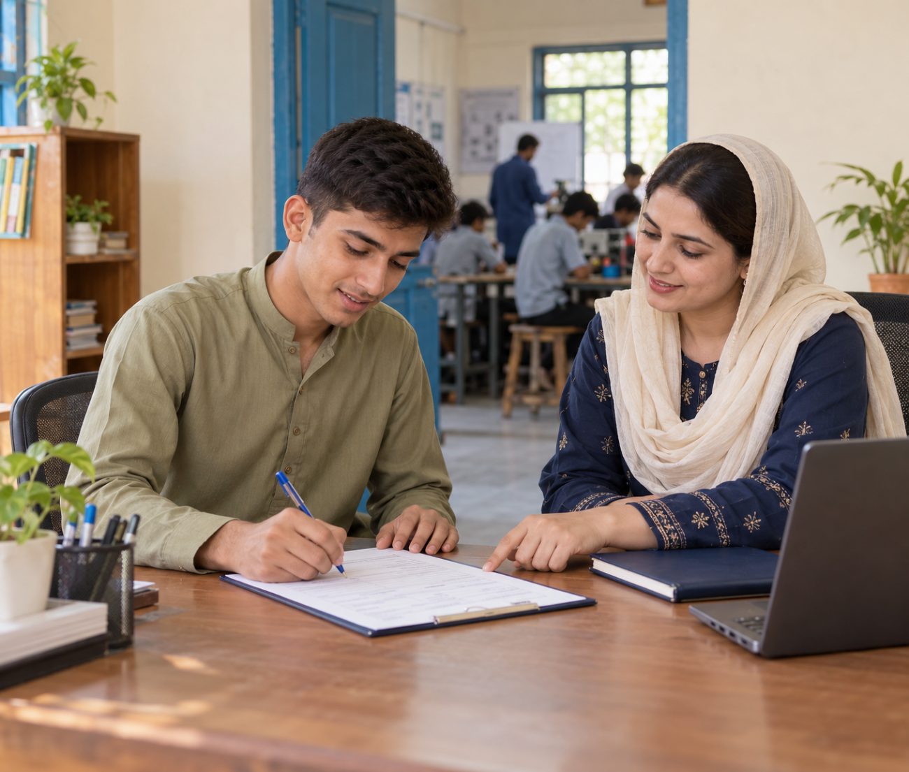 A mentor guiding a learner at a computer